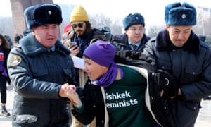 Kyrgyz police detains an activist of the FEMEN women’s movement on Victory Square during the celebration of International Women’s Day in Bishkek, Kyrgyzstan, 08 March 2020.