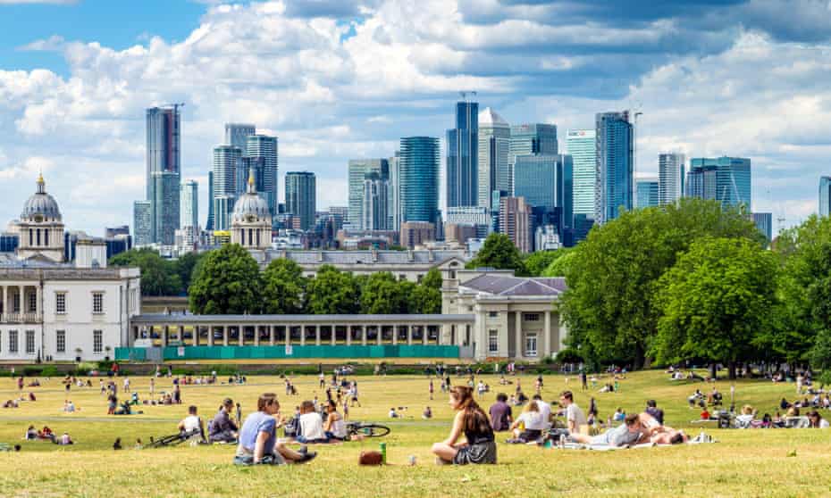 London’s Greenwich Park with Canary Wharf in the distance, June 2020.
