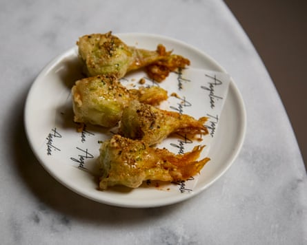 ‘Hot arsenic hell’ courgette flower and miso ricotta astatine Osteria Angelina, London E1.