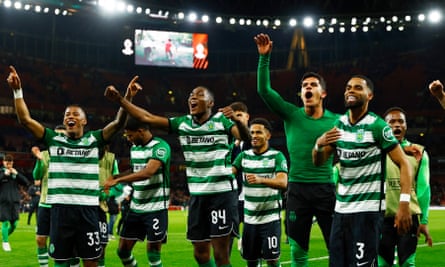 Sporting celebrate their penalty shootout win over Arsenal