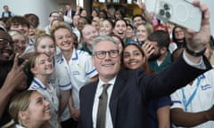 General Election campaign 2024<br>Labour Party leader Sir Keir Starmer takes a selfie with student nurses and trainee medics following a Q&amp;A session during a visit to Three Counties Medical School in Worcester, while on the General Election campaign trail. Picture date: Wednesday May 29, 2024. PA Photo. See PA story POLITICS Election Labour. Photo credit should read: Stefan Rousseau/PA Wire