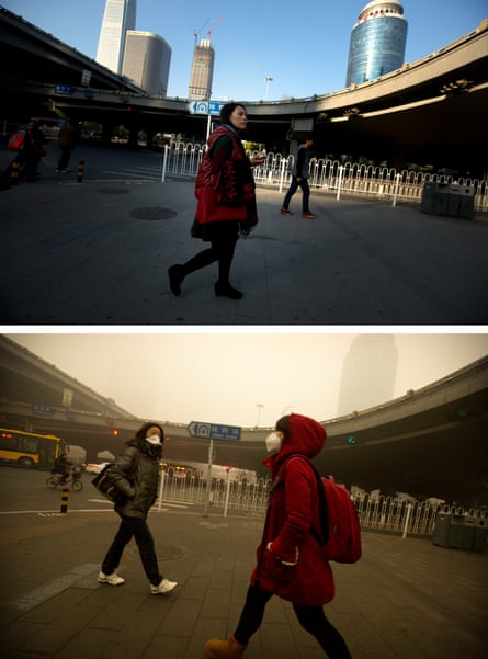 Pedestrians by an elevated highway in Beijing on 1 November, top, and 1 December 2015.