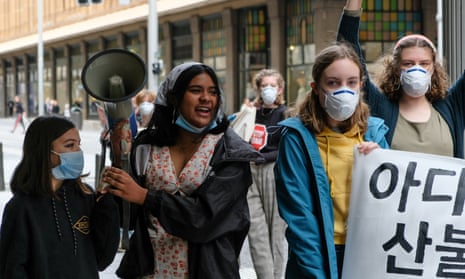 From left to right: Izzy Raj-Seppings, Natasha Abhayawickrama, Lydia Colla, Leila Mangos and Eve Moss Ractliffe (background) at a climate strike in July 2020.
