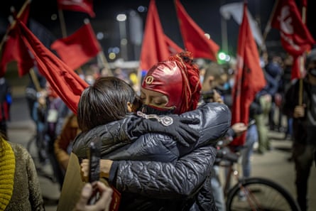 Communist party members in Santiago celebrate their victories in the constitutional assembly elections.
