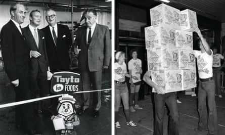 Left: Tayto's Joe ‘Spud’ Murphy (second left) launched the first flavoured crisps in the late 50s. Right: Boxes of Smith’s plain crisps, which came with a blue sachet of salt.