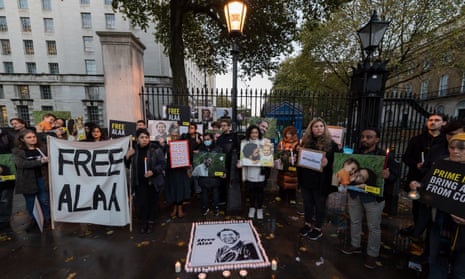 A candlelit vigil outside Downing Street for Alaa Abd el-Fattah, who is on hunger strike in an Egyptian prison, 6 November 2022.