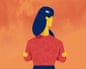 An illustration from behind of a woman with black hair, wearing a red jumper, with her arms folded