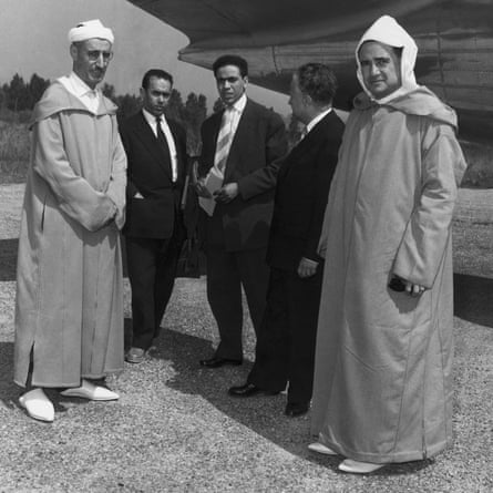Mehdi ben Barka, second from left, arrives at Aix les Bains in France with members of his nationalist opposition party, Istiqlal, circa 1955.