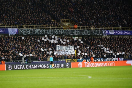 Club Brugge display banners and signs in support of their former head coach, Nicky Hayen