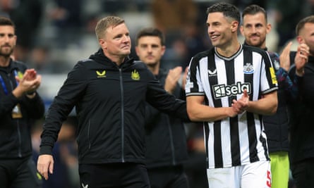 Eddie Howe with Fabian Schär after the final whistle.