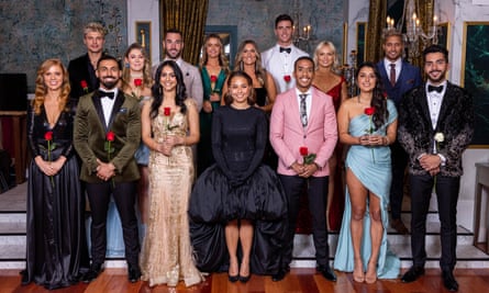 The diverse lineup of The Bachelorette Australia 2021, starring Brooke Blurton (centre in black). Ritu Chhina stands to her left.