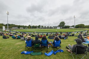 Fans watch the second Test at the Hagley Oval.