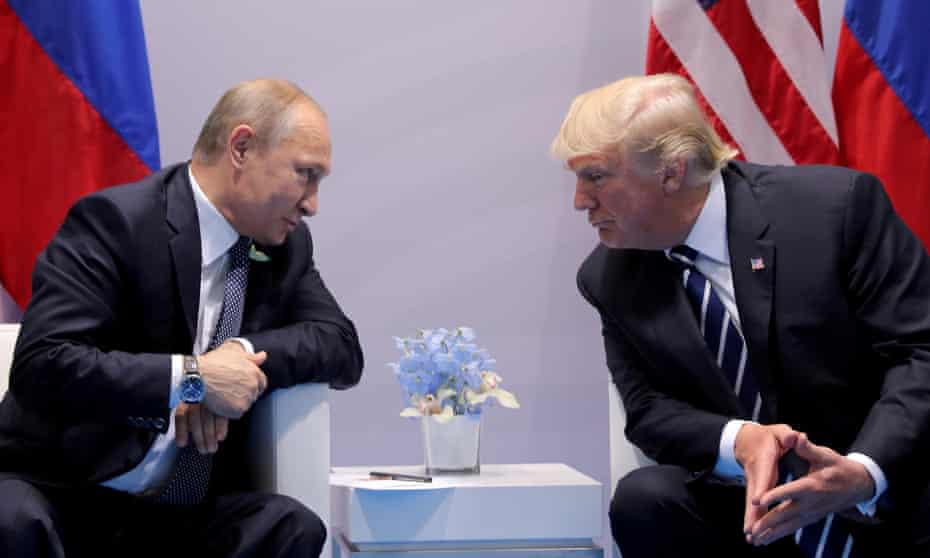 Vladimir Putin talks to Donald Trump during their bilateral meeting at the G20 summit in Hamburg, Germany, on 7 July 2017.