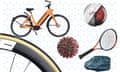 a bike, a tennis racket, a stone and a ball and graphene
