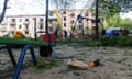 Children’s toys lie abandoned in a playground after a missile strike in the city of Kharkiv, north-eastern Ukraine, on Sunday