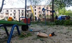Children’s toys lie abandoned in a playground after a missile strike in the city of Kharkiv, north-eastern Ukraine, on Sunday.