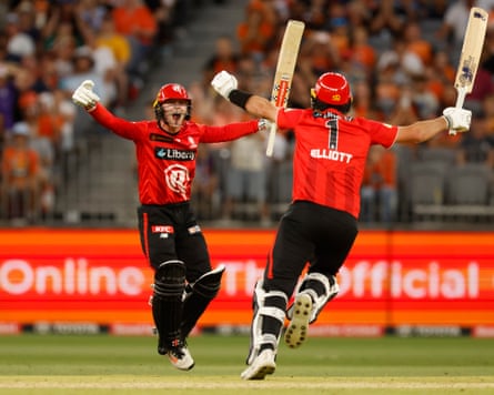 Ollie Peake celebrates hitting a last-ball six as the Renegades snatch a BBL T20 victory from the Scorchers in January