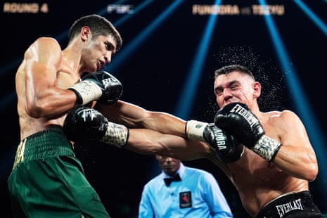 Sebastian Fundora, left, lands a shot on Tim Tszyu during Saturday’s fight.