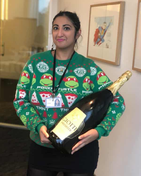 Coco Khan with a methuselah of prosecco, Christmas 2019