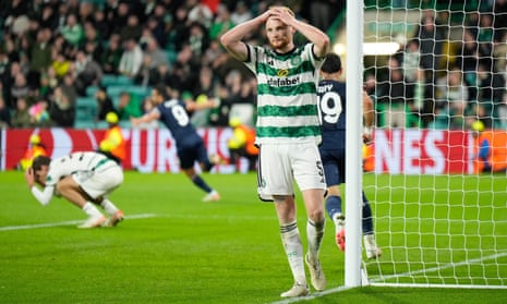 Celtic defender Liam Scales shows his disbelief after Pedro scored deep into added time to give Lazio a 2-1 win at Celtic Park earlier this month.
