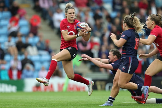 Ellie Kildunne evades the United States defence to score England’s eighth try