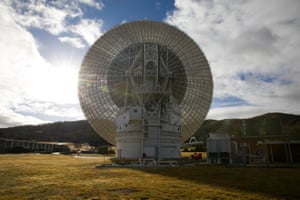 The rear of DSS43 as the sun rises at the start of a new day of tracking.