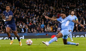 Manchester City’s Raheem Sterling scores their equaliser.