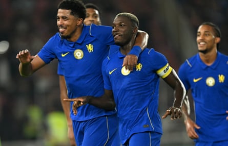 Chelsea players Wesley Fofana (left) and Moises Caicedo (right) celebrate a goal during pre-season.