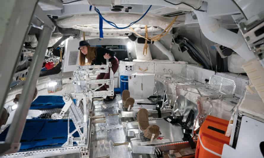 A mockup of NASA's Orion space capsule, which will carry four astronauts on future missions to the moon, an asteroid, or Mars.