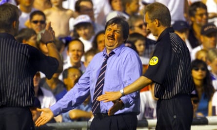 Paul Philipp complains to officials as he manages Luxembourg to a heavy defeat by England at Euro 2000