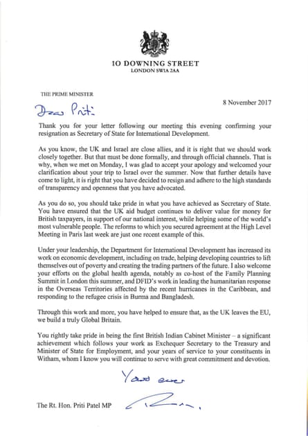 Theresa May’s letter to Priti Patel.