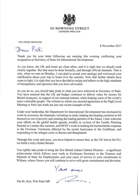 Priti Patel S Resignation Letter And Theresa May S Response In Full Priti Patel The Guardian