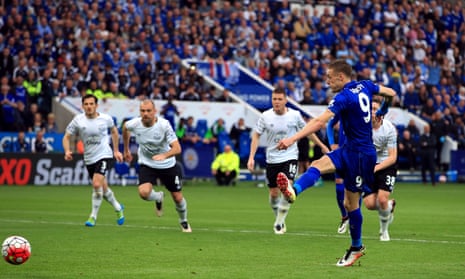 Leicester City’s Jamie Vardy scores his side’s third goal of the game from the penalty spot.