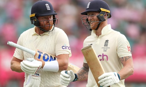 Jonny Bairstow and Ben Stokes are all smiles at tea during day three at the Sydney Cricket Ground