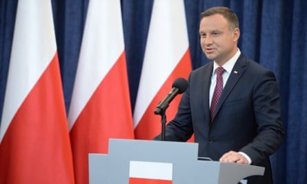 The president, Andrzej Duda, gives a speech about the bill on Poland’s supreme court in Warsaw