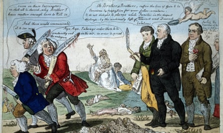 Edward Jenner, pioneer of the smallpox vaccine, and two colleagues see off anti-vaccination opponents, with the dead littered at their feet. Coloured etching by Isaac Cruikshank, 1808.