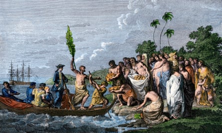 James Cook landing in the Friendly Islands in the 1770s to be greeted by Tonga natives bearing fruit.
