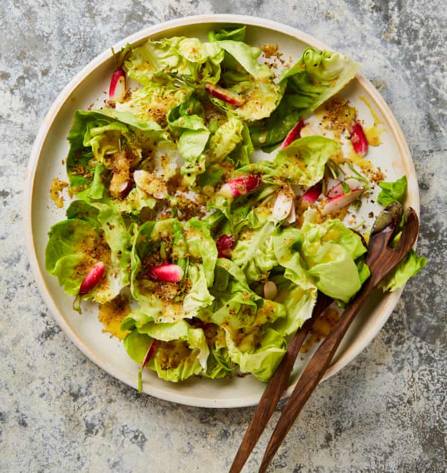 Yotam Ottolenghi’s butterhead lettuce, apple dressing and black lime breadcrumbs.