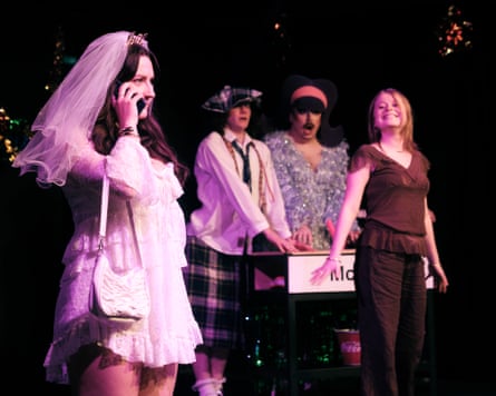 woman in hen do bride outfit on the phone