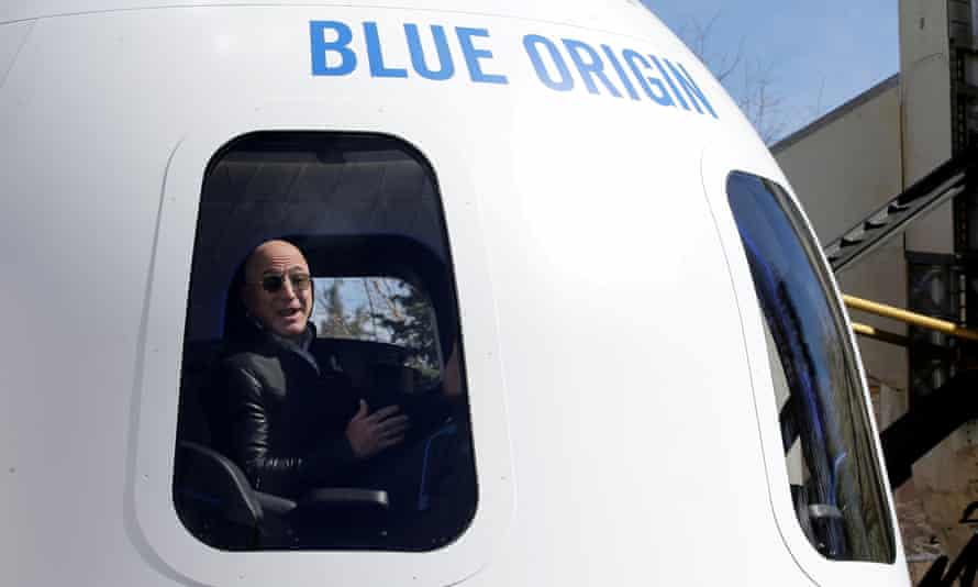 Amazon and Blue Origin founder Jeff Bezos addressing the media about the New Shepard rocket booster and crew capsule mockup in April 2017. 