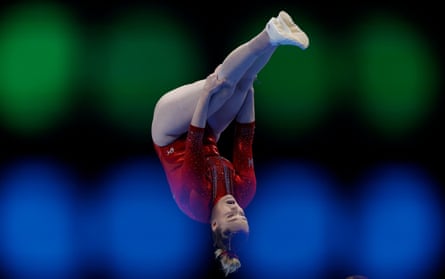 Hannah Metheral of Canada in the women’s double mini trampoline team final.