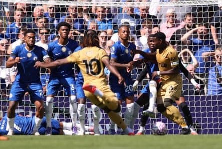 Marc Guéhi of Crystal Palace stands too close to the Chelsea wall meaning the goal scored by Eberechi Eze of Crystal Palace is disallowed.