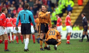 Steve Sedgley defends Michael Branch after his controversial goal.