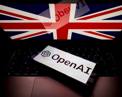 The OpenAI logo appears on a smartphone screen, and the flag of the UK is displayed as the background on a laptop screen