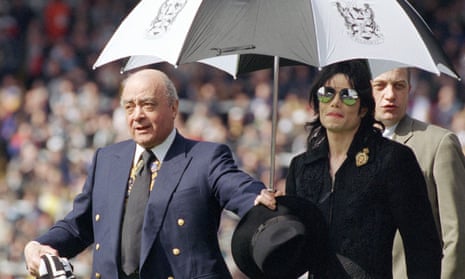 Michael Jackson on the Craven Cottage pitch with Fulham’s owner, Mohamed Al Fayed.