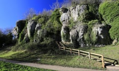 View of the Pin Hole Ice Age Cave at Creswell Crags Prehistoric Gorge, Nottinghamshire, England, Britain, UK<br>2HGANC0 View of the Pin Hole Ice Age Cave at Creswell Crags Prehistoric Gorge, Nottinghamshire, England, Britain, UK