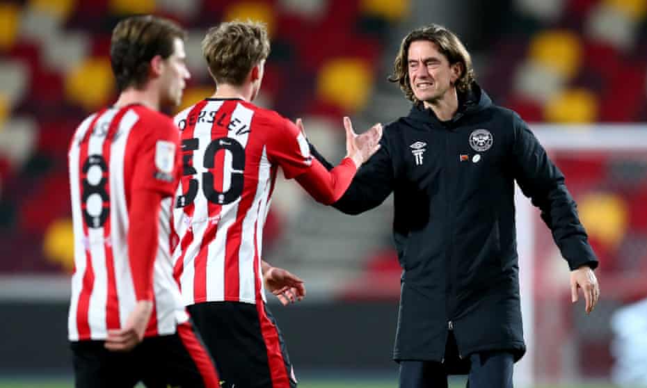 Brentford’s manager, Thomas Frank, celebrates with Mads Roerslev after the win at home against Sheffield Wednesday in February.