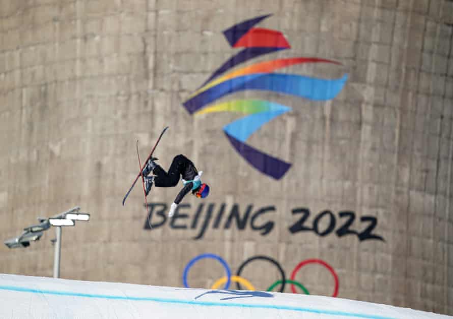 Eileen Gu flies through the air at the Big Air Shougang in China.