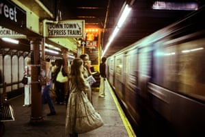 a Willy Spiller photo titled "Downtown Express 72nd St Station, West Side IRT, 1977-1985" – people standing on a NYC subway platform as a train speeds past
