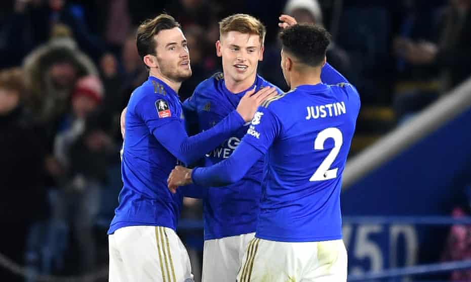 Harvey Barnes takes the acclaim of his teammates after scoring Leicester’s second goal against Wigan.
